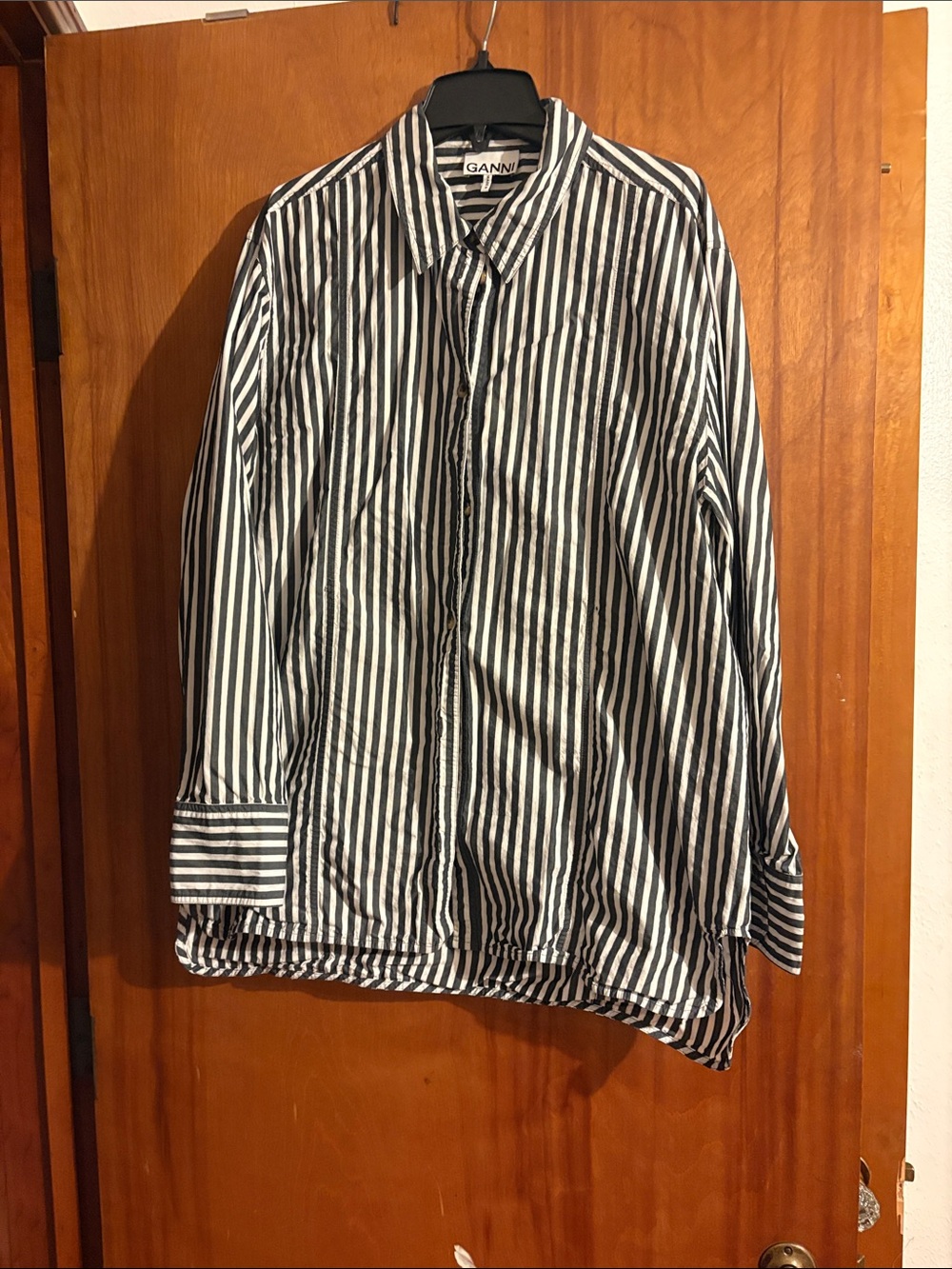 Ganni Navy and White Vertical Stripe Button-Down Shirt